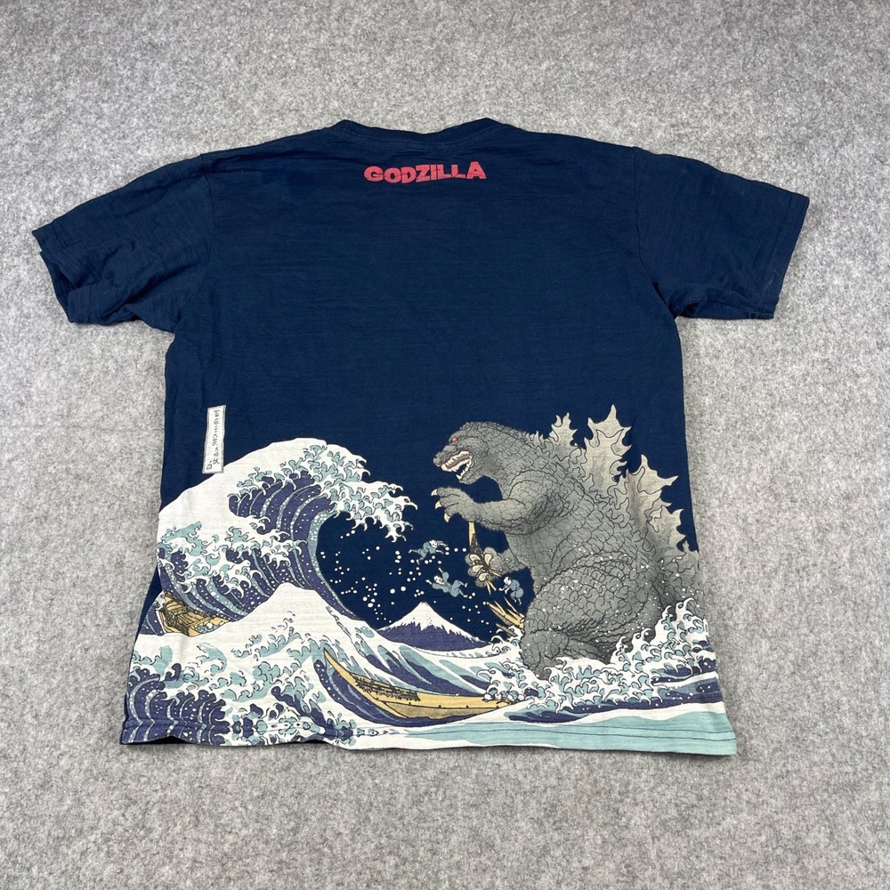 Godzilla Great Wave Off Kanagawa Slub Knit Graphic T-Shirt Navy Blue Mens XL